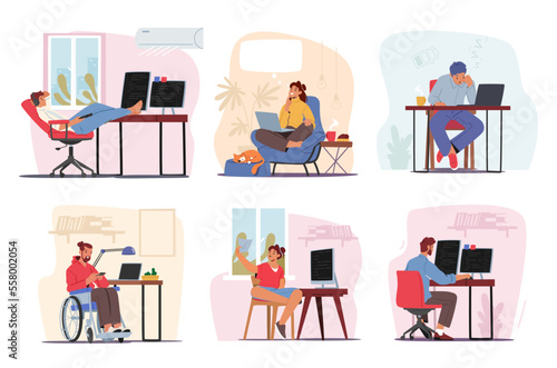 Set Remote Workplace, Homeworking Concept. Men and Women Freelancers Characters Working from Home on Computers