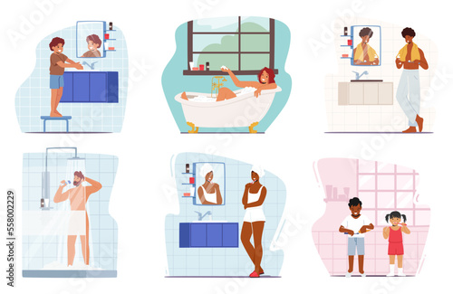 Set Morning Routine Concept. Adults And Children Characters Brushing Teeth, Bathing, Washing Hands, Take A Shower