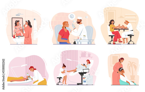 Set Woman Cosmetology Procedures, Personal Care. Female Characters Applying Mask, Beauty Injection, Pedicure and Makeup
