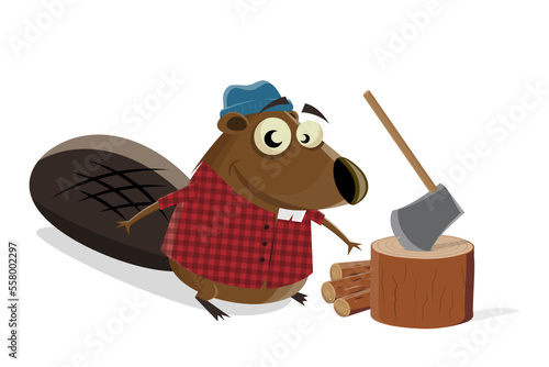 funny cartoon beaver in lumberjack outfit