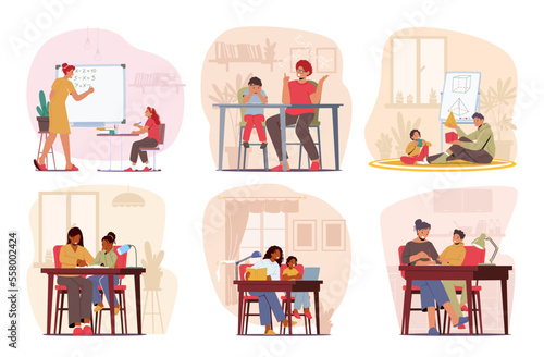 Set Home Education, Schooling Concept With Children And Tutors Or Parents Learning Classes. Characters Sitting At Desk