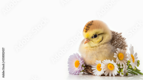 Easter Chicken with Spring Flowers on Isolated on White Background, Social Media Banner, Generative AI © Nicole