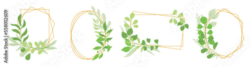 Set Of Floral Botanical Frames With Green Leaves, Elegant Borders Design Isolated On White Background