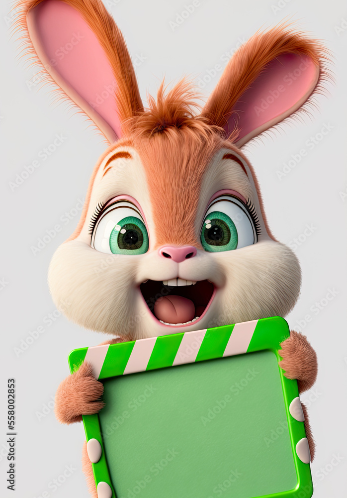 Obraz premium Cute Easter bunny holding a billboard, copy space, space for your text, Easter greetings, season, illustration, generated art