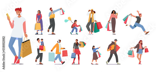Set of People doing Shopping, Run for Sale Isolated on White Background. Male Female Characters and Kids with Bags