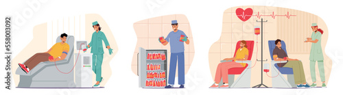 Set Volunteer Characters Sitting in Medical Hospital Chairs Donating Blood. Doctor or Nurse Take Blood in Test Flasks