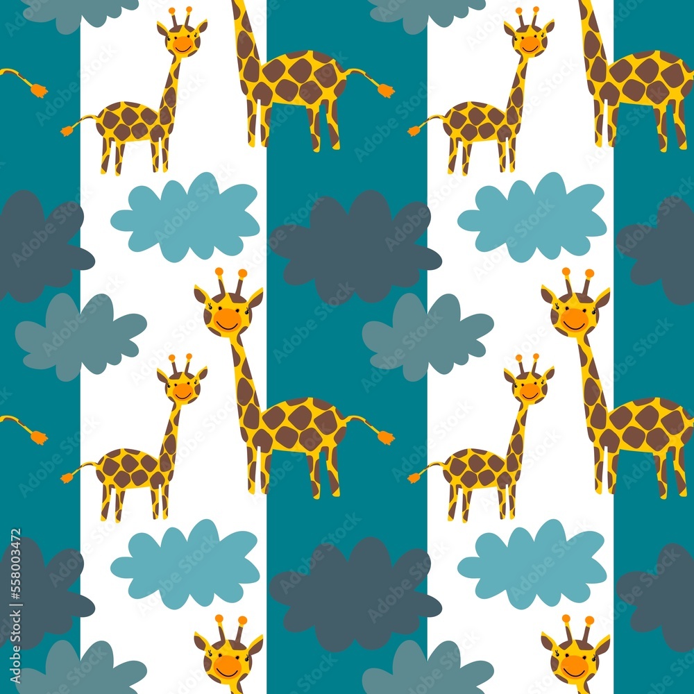 Obraz premium Africa animals seamless giraffes and clouds pattern for kids clothes print and fabrics and linens and wrapping paper