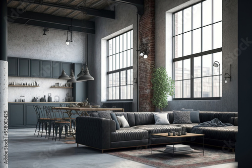 industrial style interior of a loft living room. Generative AI