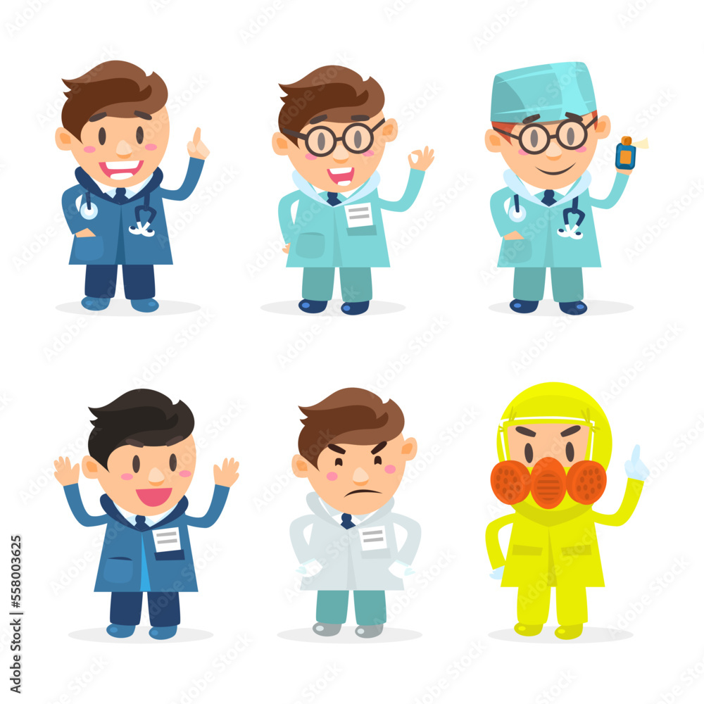 Cute cheerful doctors in medical coats showing different gestures set cartoon vector illustration