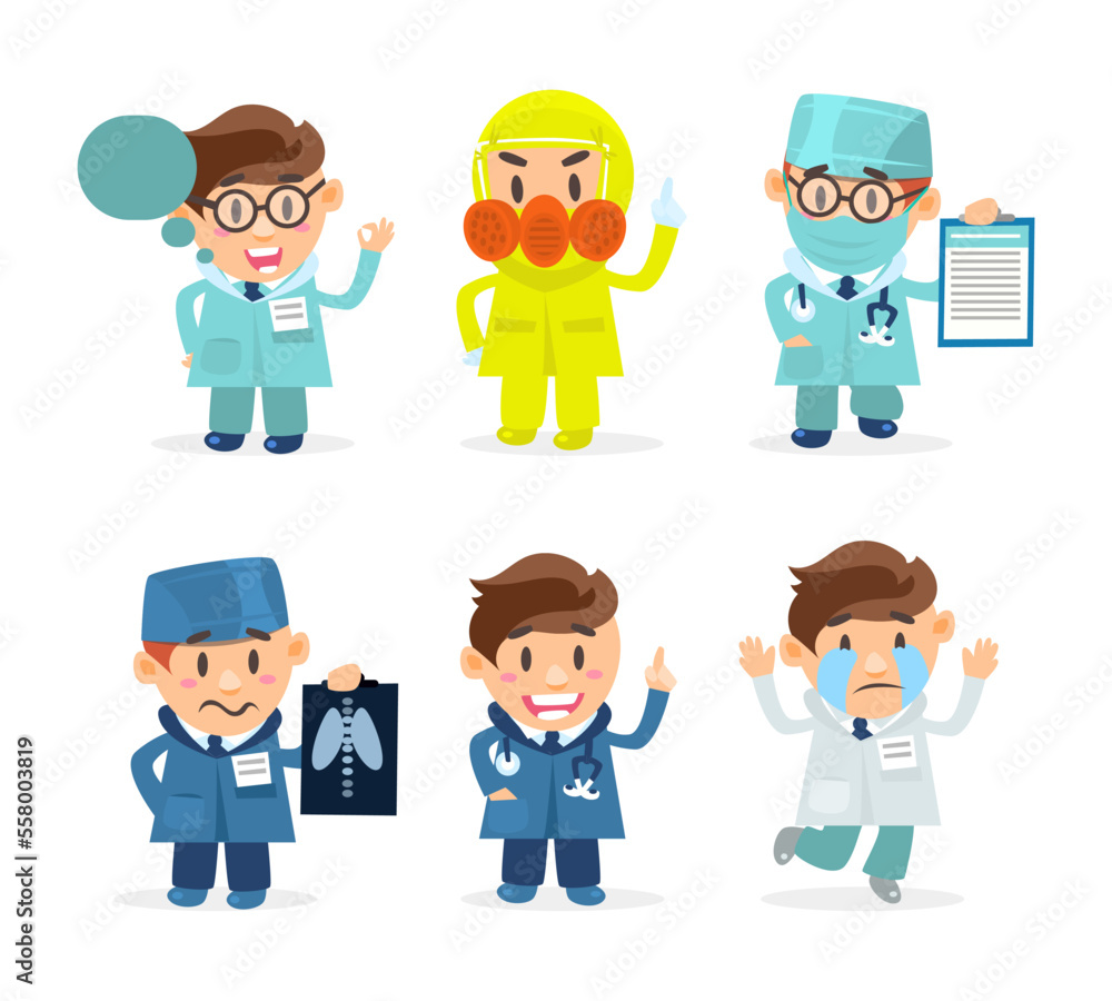 Cute doctors in medical coats showing different emotions and gestures set cartoon vector illustration