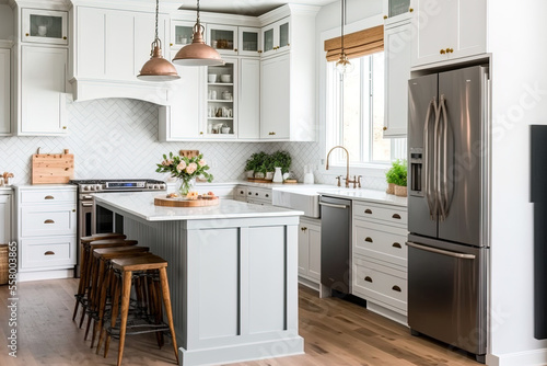 a bright, roomy, and contemporary farmhouse style kitchen. Generative AI