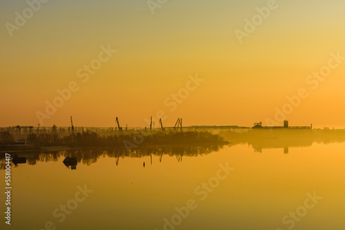 Heavy cranes at the cargo port in Kremenchug, Ukraine