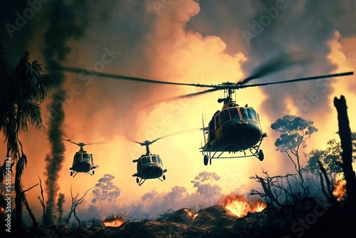 Vietnam War Helicopters Flying Through a Burning Jungle, generative ai photo