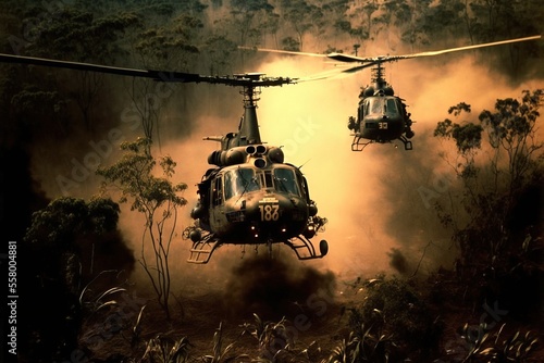 Smoke and Flames Surround Vietnam War Helicopters, generative ai photo