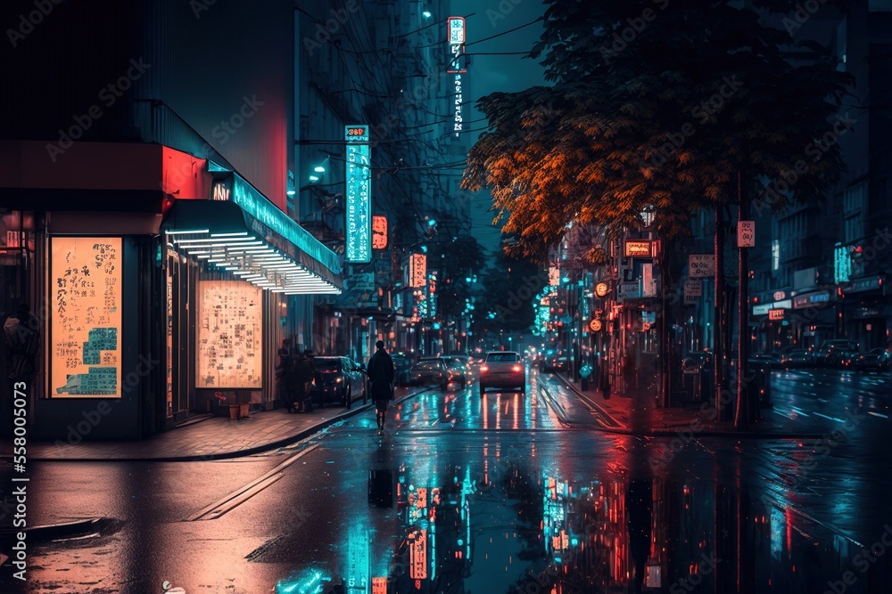 Wet Tokyo Street at Night with Bright Neon Lights, generative ai