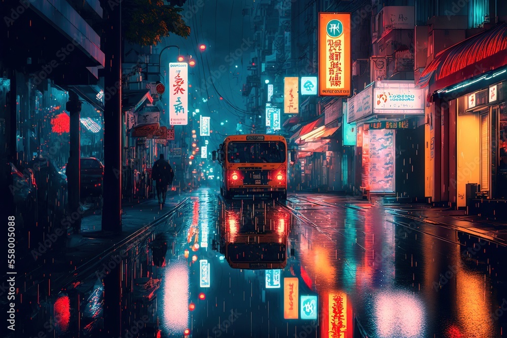 Rainy Tokyo Street at Night with Bus and Neon Lights, Generative AI