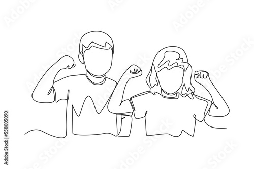 Single one line drawing children's hand showing their biceps. Sports concept. Continuous line draw design graphic vector illustration.