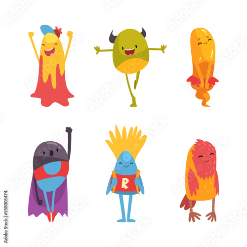 Cute monsters set. Bright joyful funny aliens with friendly faces cartoon vector illustration