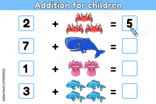 Mathematical counting game for kids. Educational math addition exercises with cartoon sea animals. Calculate and write the result. Worksheet for preschool and school children. Vector illustration.