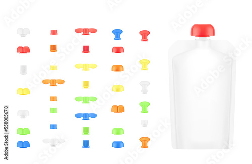 Set of colourful plastic caps for pouch bag. Front view. Vector illustration isolated on white background. It's easy to choose for your product. EPS10.