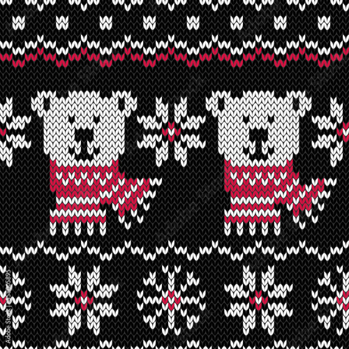 Portrait white polar bear jacquard seamless pattern. Winter knitted style. Creative vector illustration.