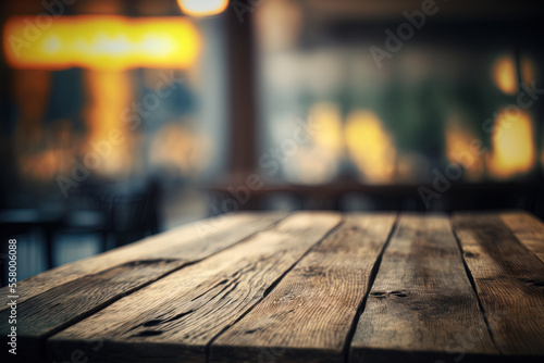 Old Wood Table Top with Blurred Background. Generative AI