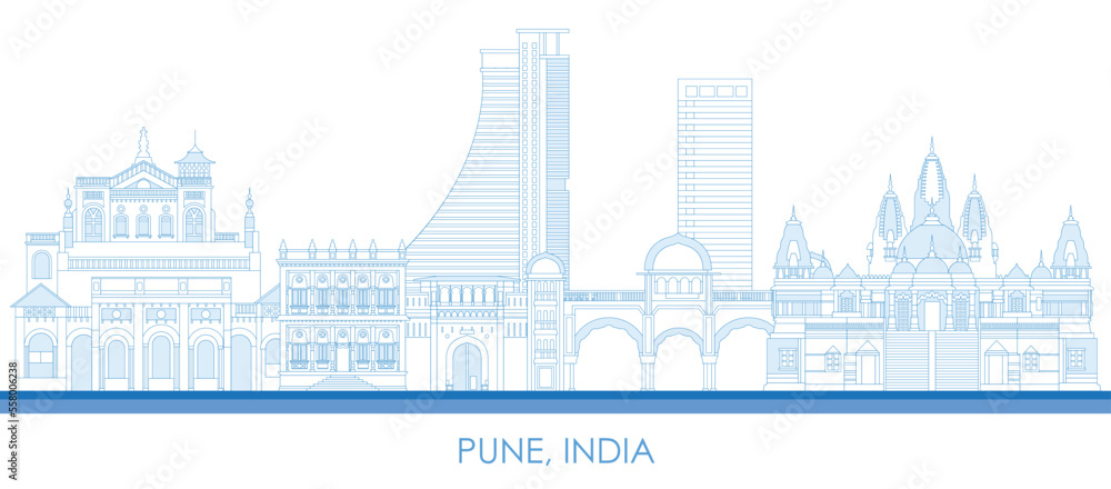 Outline Skyline panorama of city of Pune, India - vector illustration