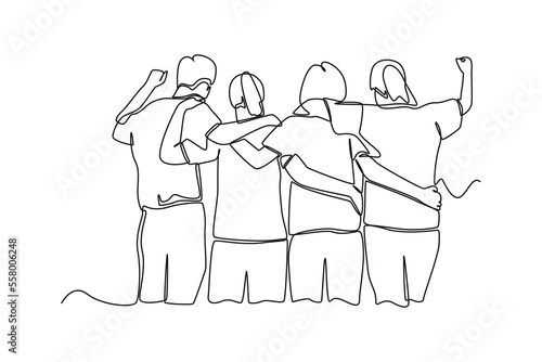 Continuous one line drawing Back view group of men and woman standing and hugging together to show their unity bonding. Team work concept. Single line draw design vector graphic illustration.