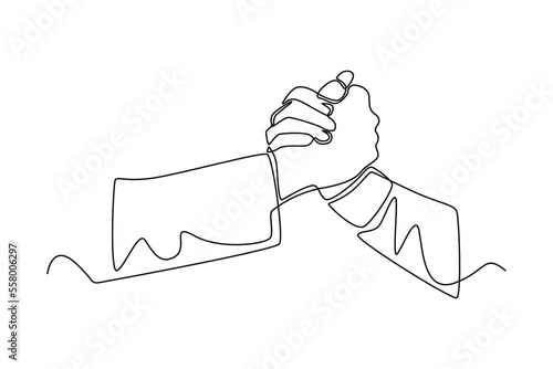 Continuous one line drawing two clasped hands. Team work concept. Single line draw design vector graphic illustration.