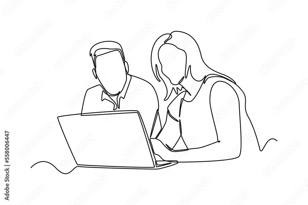 Continuous one line drawing company founders discussing innovation ideas in a business meeting with colleagues. Team work concept. Single line draw design vector graphic illustration.