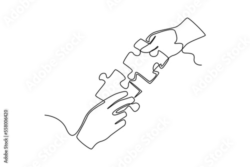 Continuous one line drawing Hands put the puzzle pieces together . Team work concept. Single line draw design vector graphic illustration.