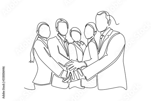 Continuous one line drawing group of happy businessman and woman unite their hands together form Stack of hands. Team work concept. Single line draw design vector graphic illustration.