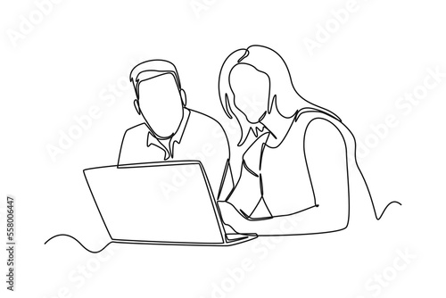 Continuous one line drawing company founders discussing innovation ideas in a business meeting with colleagues. Team work concept. Single line draw design vector graphic illustration.