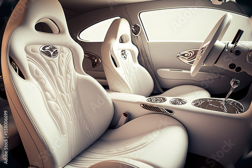 contemporary automobile interior with white leather seats. Generative AI