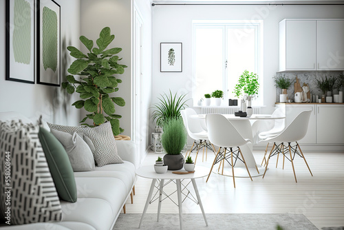 A view of a contemporary living room with white furnishings and a dining area with a wooden table and chairs against a background of white and several green plants,. Generative AI