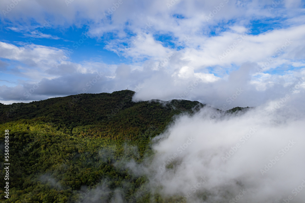 Serra da Bocaina National Park. Aerial view of heavy clouds amid clouds. Mountain, low clouds and fog.