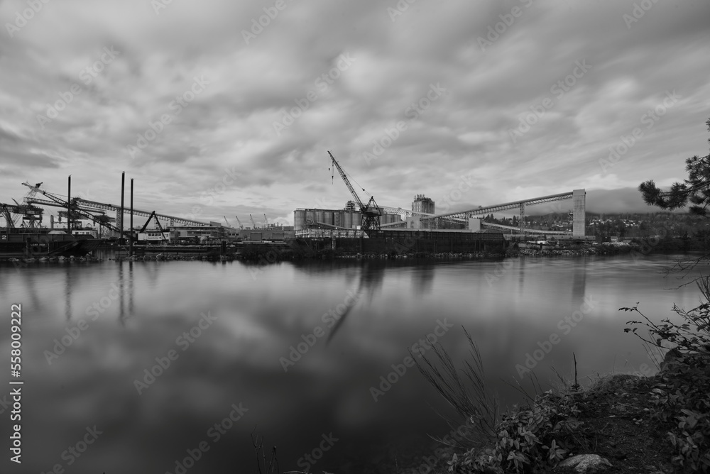 A B and W view of the Port of Vancouver with long exposure.   BC Canada
