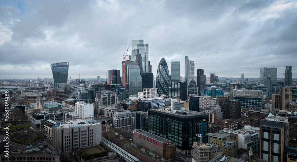Amazing aerial view over the City of London with its iconic buildings - LONDON, UNITED KINGDOM - DECEMBER 20, 2022