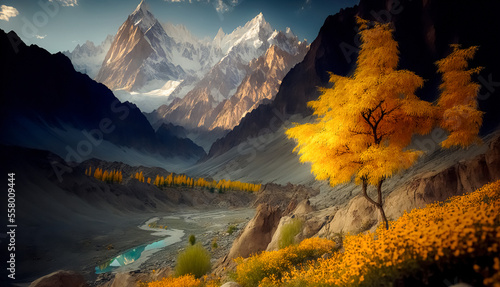 Gorgeous mountain landscape. Scenic view of Hunza Valley in summer in Pakistan. digital art