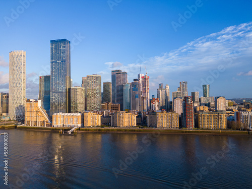 The skyscrapers of Canary Wharf in London on Isle of Dogs - panoramic view - LONDON, UNITED KINGDOM - DECEMBER 20, 2022