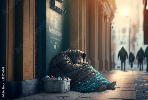 Homeless Person on the Street Illustration, Homelessness Problem, Social Issues, Fictional Characters, Generative AI photo