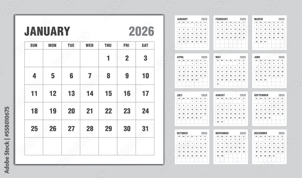Calendar 2026 year black design, Monthly calendar template for 2026