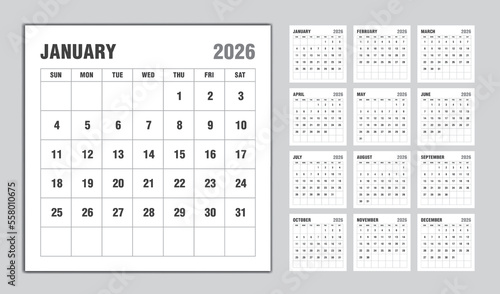 Calendar 2026 year black design, Monthly calendar template for 2026 year, Week Starts on sunday, Minimalist Wall calendar 2026 template, planner, Business template Vector