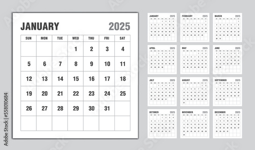 Calendar 2025 year black design, Monthly calendar template for 2025 year, Week Starts on sunday, Minimalist Wall calendar 2025 template, planner, Business template Vector