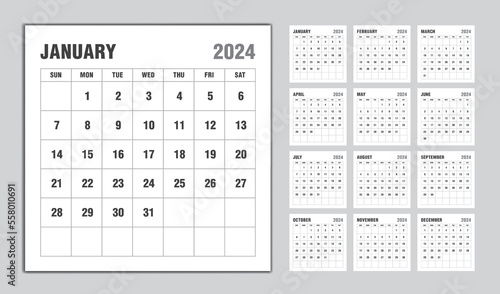 Calendar 2024 year black design, Monthly calendar template for 2024 year, Week Starts on sunday, Minimalist Wall calendar 2024 template, planner, Business template Vector
