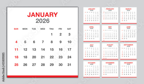 Calendar 2026 year red design, Monthly calendar template for 2026 year, Week Starts on sunday, Minimalist Wall calendar 2026 template, planner, Business template Vector