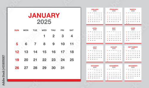 Calendar 2025 year red design, Monthly calendar template for 2025 year, Week Starts on sunday, Minimalist Wall calendar 2025 template, planner, Business template Vector
