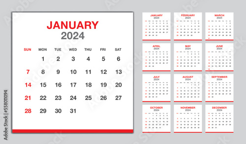 Calendar 2024 year red design, Monthly calendar template for 2024 year, Week Starts on sunday, Minimalist Wall calendar 2024 template, planner, Business template Vector