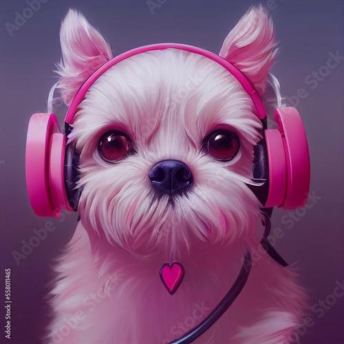 cute pink dog with headphones listens to music 