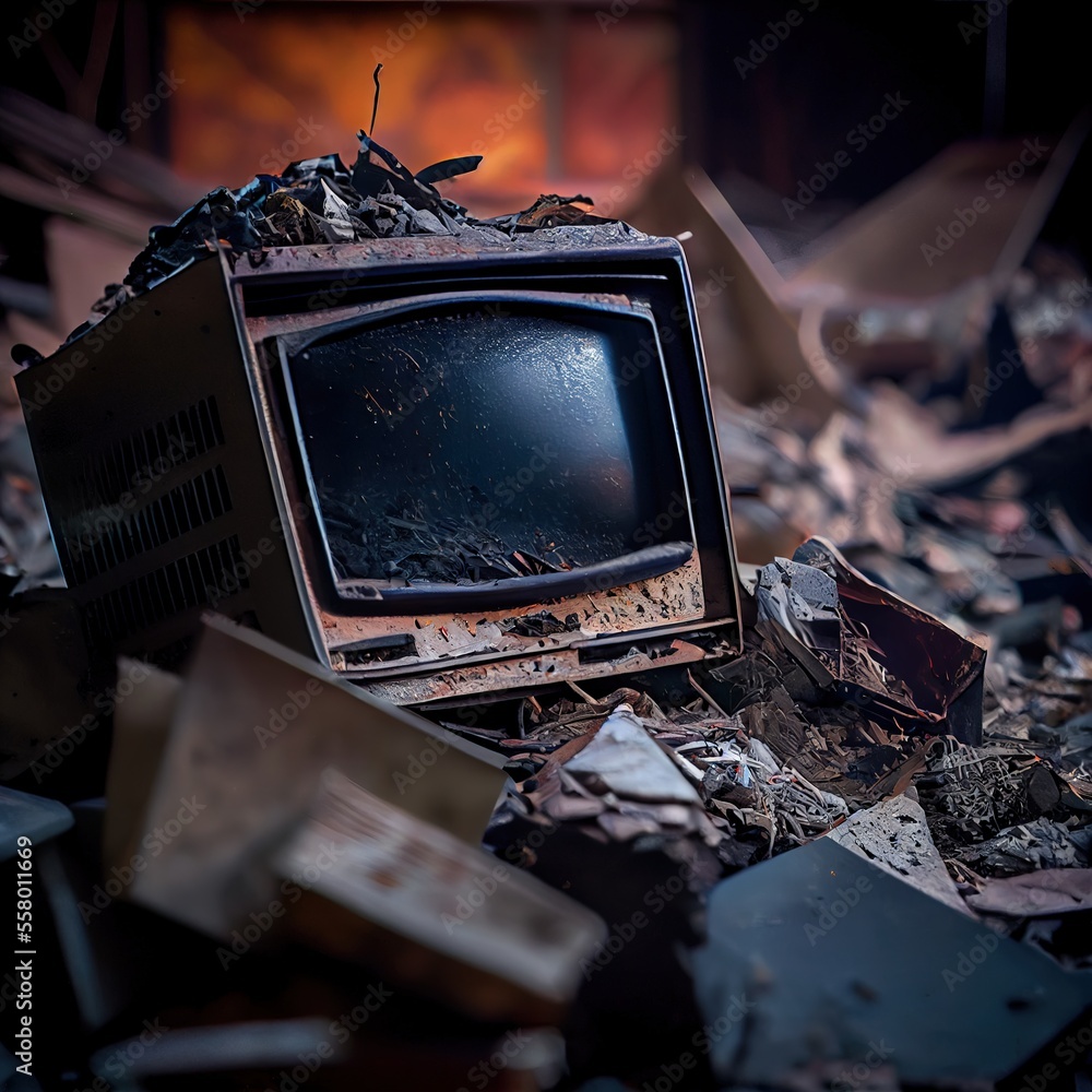 An old TV lying on the ruins of a house. A postapocalyptic ruined city
